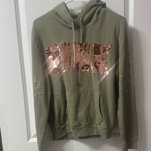 Green Hoodie with Sequin Rose Gold Pink Logo. Large